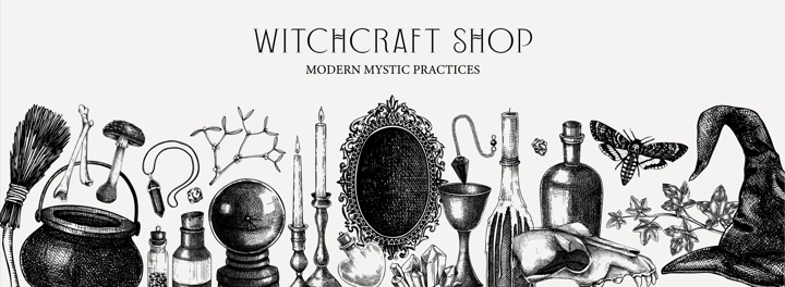 Witchcraft shop banner. Vintage Halloween background. Hand-drawn vector illustration. Witchcraft sketches. Antique apothecary design. NOT AI generated